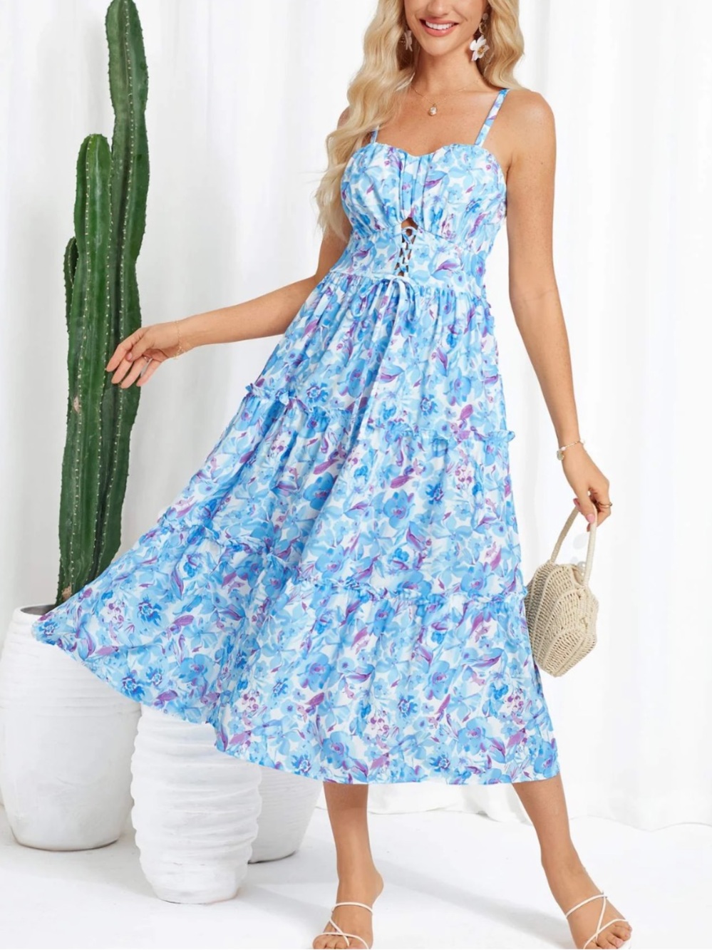 Grace Karin Blue Floral Cutout Midi Dress Size Medium NWOT